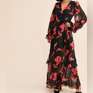 Anthropologie Hutch Valentina Maxi Dress Black Red Floral Long Sleeve Cocktail